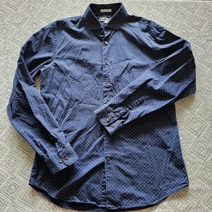 Express Men’s Extra Slim Fit Navy Button-Up Shirt – White Polka Dots - Large